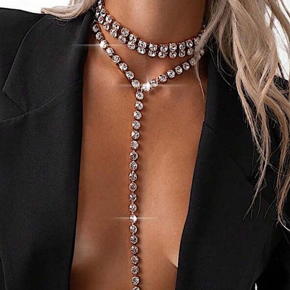 Gold Crystal Y Lariat Choker Rhinestone Drop Tassel Necklace New Years
